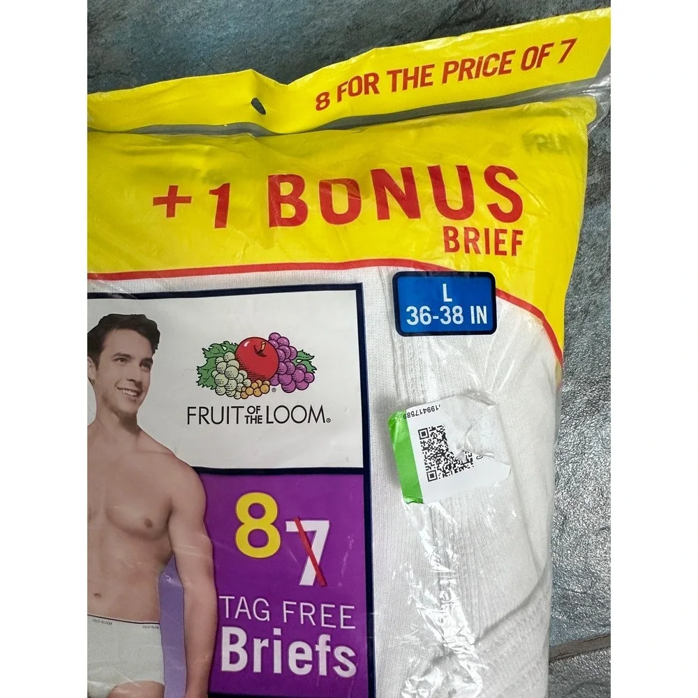New Fruit of the Loom 100% Cotton Briefs Men's L White Tagless 8 Pack